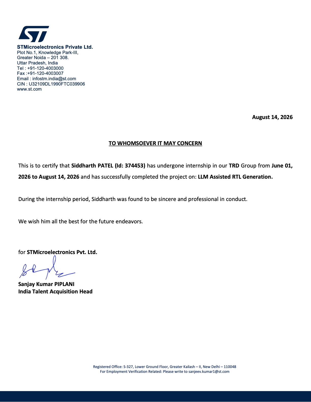 STMicroelectronics internship completion certificate for Siddharth Patel